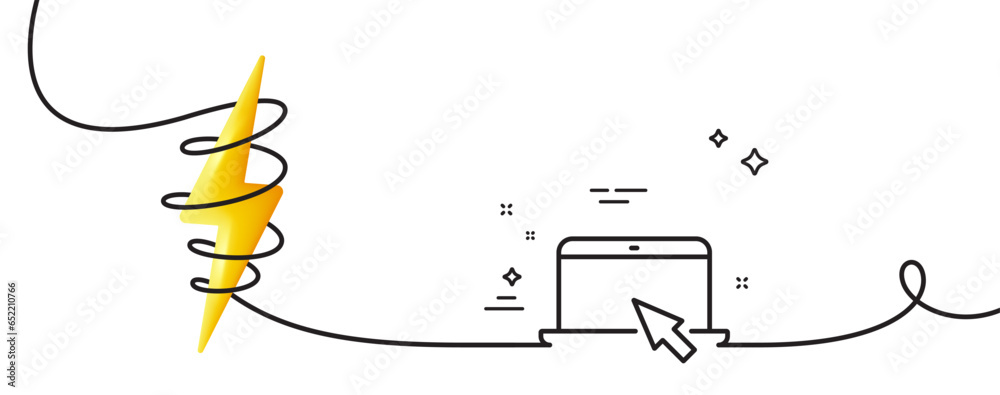Poster laptop computer icon. continuous one line with curl. notebook with mouse cursor sign. portable perso