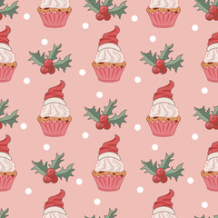 Christmas and New Year seamless pattern with cupcake with Santa hat. Vector illustration.