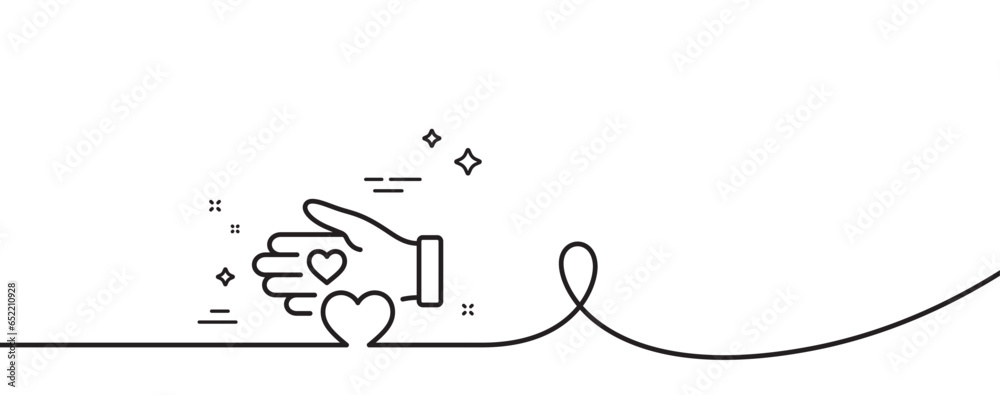 Poster volunteer care line icon. continuous one line with curl. helping hand sign. donation symbol. volunte
