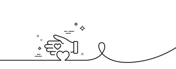 Volunteer care line icon. Continuous one line with curl. Helping hand sign. Donation symbol. Volunteer single outline ribbon. Loop curve pattern. Vector