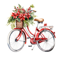 Fototapeta na wymiar Watercolor illustration of Christmas bicycle decor. Generative AI, png image.