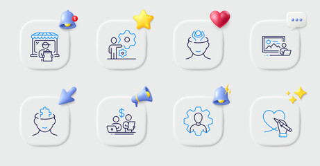 Delivery market, Budget accounting and Stress line icons. Buttons with 3d bell, chat speech, cursor. Pack of Social care, Photo studio, Professional icon. Mental conundrum, Job pictogram. Vector