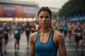 portrait of a female runner athlete standing on a marathon course