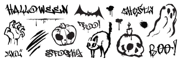 Tuinposter Set of graffiti spray pattern. Collection of halloween symbol, ghost spirit, bat, cat, pumpkin with spray texture. Elements on white background for sticker, banner, decoration, street art, halloween. © TWINS DESIGN STUDIO