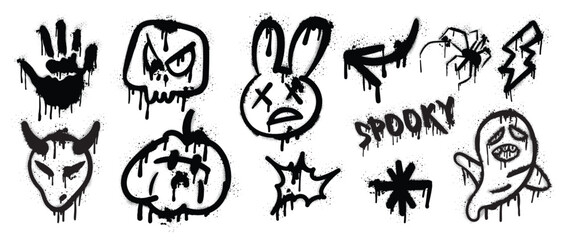 Set of graffiti spray pattern. Collection of halloween symbol, ghost spirit, skull, pumpkin with spray texture. Element on white background for sticker, banner, decoration, street art, halloween.