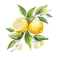 Watercolor illustration of a branch of lemons. Generative AI, png image.