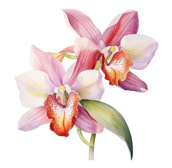 Watercolor illustration of orchid flower. Generative AI, png image.