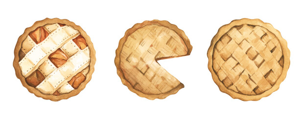 Watercolor painting of dessert pie set. Delectable dessert illustrations for all your design needs.