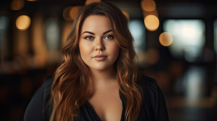 plus size woman in a business center - obrazy, fototapety, plakaty