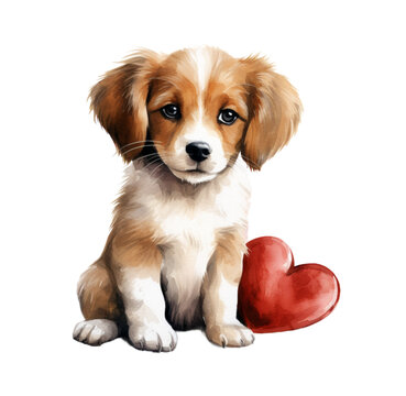 Watercolor illustration, puppy with heart, valentine's day. Generative AI, png