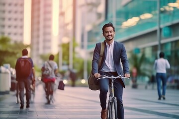 Businessman go to work at office take bicycle on street around building on a city street ,Generative AI.