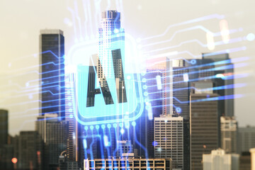 Fototapeta na wymiar Double exposure of creative artificial Intelligence icon on Los Angeles city skyscrapers background. Neural networks and machine learning concept