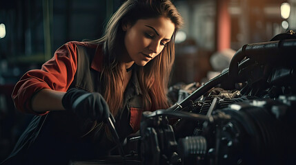 young woman, working as an automotive mechanic - obrazy, fototapety, plakaty