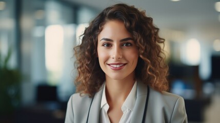 Portrait of smiling beautiful businesswoman standing in office with copy space.