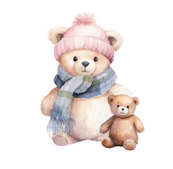 Watercolor illustration of a cute little bear wearing a pink hat and scarf. Generative AI, png image.