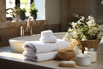 The interior of beautiful, relaxing SPA area in a bright room with sink and towels. Advertising of wellness. Copy space