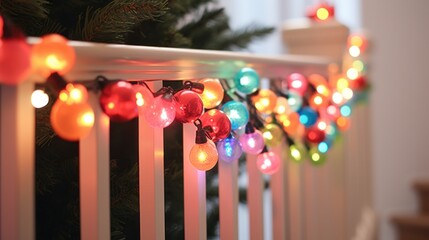 Christmas Garlands lights For modern Stairs at home. Christmas garlands and gifts near staircase. Christmas Traditional holiday decorated stairs