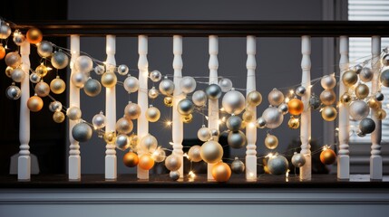 Christmas Garlands For modern Stairs at home. Christmas garlands and gifts near staircase. Christmas Traditional holiday decorated stairs