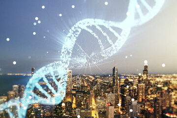 Virtual DNA symbol illustration on Chicago skyline background. Genome research concept....