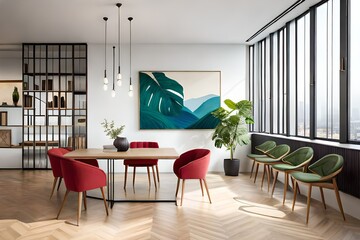 Stylish and eclectic dining room interior with mock up poster map, sharing table design chairs, gold pedant lamp and elegant sofa in second space. White walls, wooden parquet.. - obrazy, fototapety, plakaty
