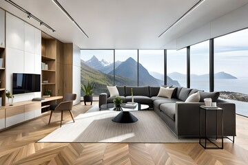 A living room with wood flooring and white walls, including a glass coffee table on the right hand side.