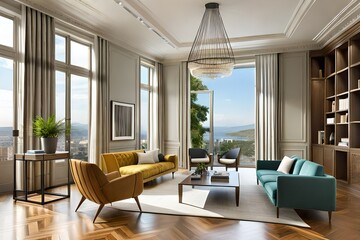 General view of luxury living room interior with armchairs, sofa and hanging basket chair. - Powered by Adobe