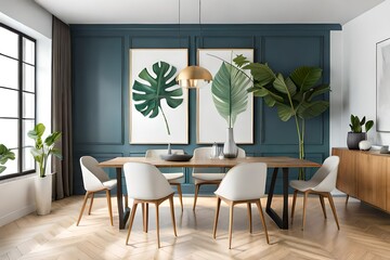 Stylish and eclectic dining room interior with mock up poster map, sharing table design chairs, gold pedant lamp and elegant sofa in second space. White walls, wooden parquet. - obrazy, fototapety, plakaty
