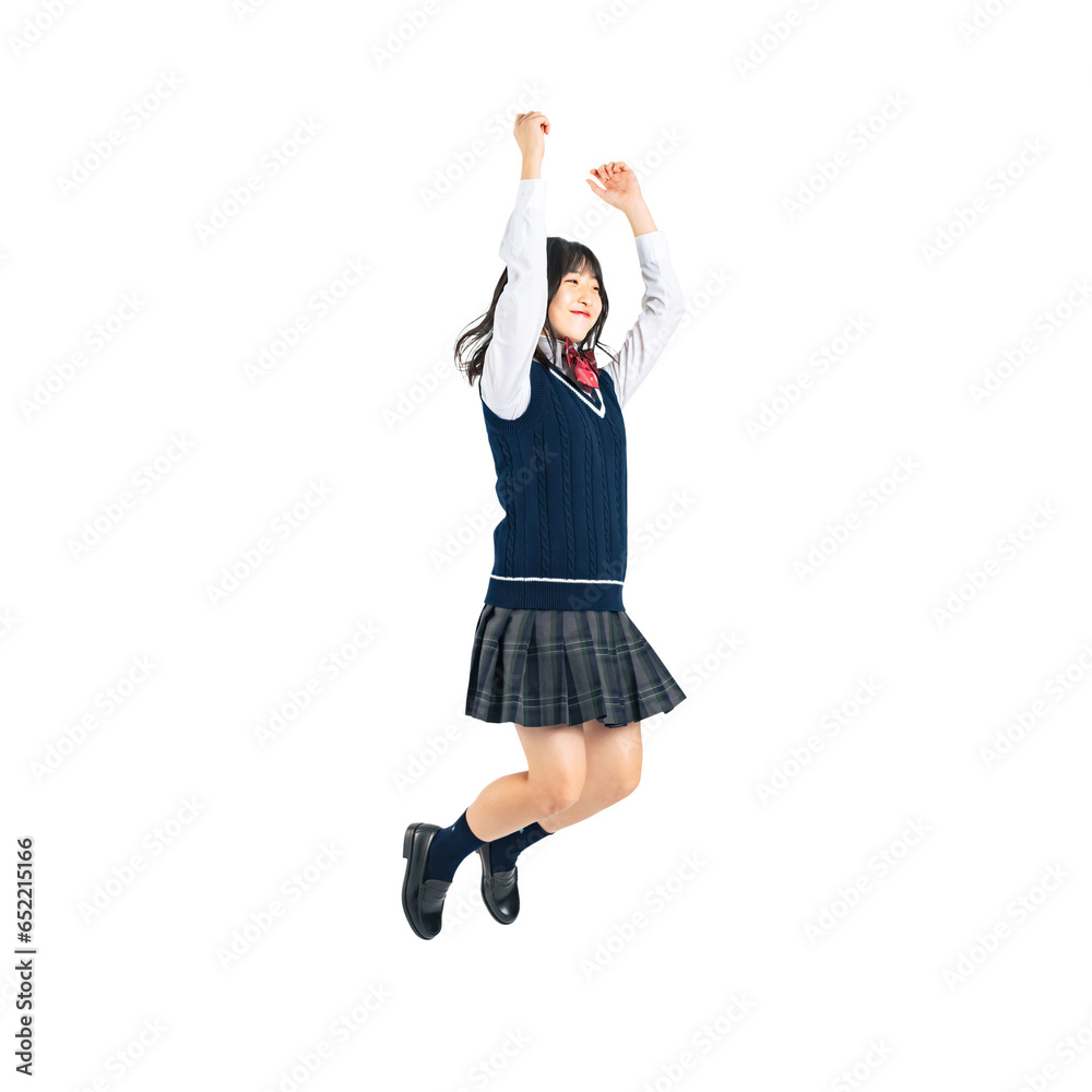 Poster ジャンプする制服を着た女子学生　背景透過切り抜きpng