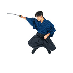 ジャンプして日本刀を振る少年　サムライ　武道　背景透過切り抜きPNG