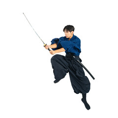 ジャンプして日本刀を振る少年　サムライ　武道　背景透過切り抜きPNG