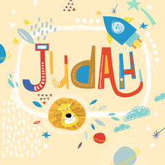 Bright card with beautiful name Judah in planets, lion and simple forms. Awesome male name design in bright colors. Tremendous vector background for fabulous designs
