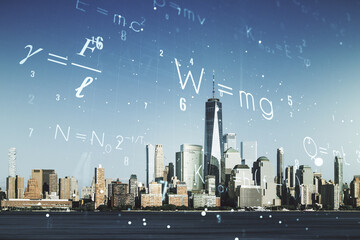 Abstract scientific formula hologram on New York city skyline background. Multiexposure