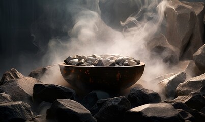 bowl filled with smoky hot stones for spa, ai generative