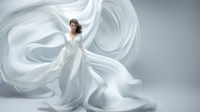 H&uuml;bsche Model Frau in eleganten wei&szlig;en fliegenden Kleid mit langer Schleppe beim Catwalk, ai generativ