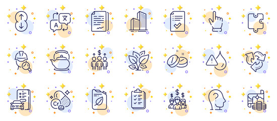 Outline set of Teapot, Leaf and Inspect line icons for web app. Include Meeting, Treasure map, Translate pictogram icons. Salary employees, Approved checklist, Psychology signs. Recycle. Vector