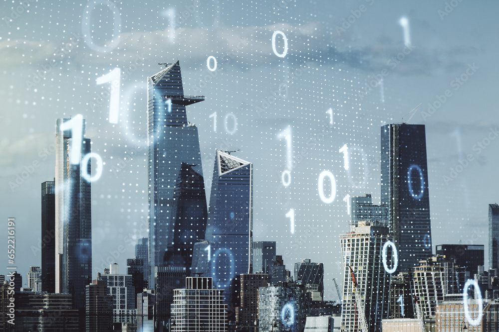Leinwandbilder Double exposure of abstract virtual binary code hologram on New York city skyscrapers background. Database and programming concept
