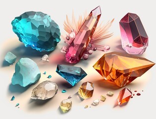 Multicolored crystals and large gems on a white background. Luxury background, stone quartz, glass prism, treasure. AI generated.
