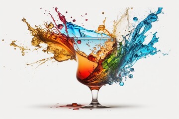 A splash of multicolored liquid in a clear glass. Explosion and splashing cocktail. Abstract illustration on white background. AI generated.