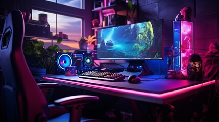 Gaming PC computer glowing in dark - obrazy, fototapety, plakaty