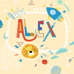 Bright card with beautiful name Alex in planets, lion and simple forms. Awesome male name design in bright colors. Tremendous vector background for fabulous designs