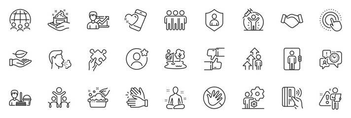 Icons pack as Elevator, Fishing place and Friendship line icons for app include Job, Like, Employee result outline thin icon web set. Hand washing, Yoga, Success business pictogram. Vector