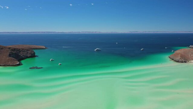 Flying over scenery lagoon. Above view of famous Balandra beach in Baja California Sur, Mexico
