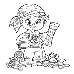 Cute cartoon pirate boy with treasure map and chest outlined for coloring page on white background