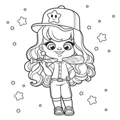 Cute cartoon girl in a baseball uniform and with a bat in his hand outlined for coloring page on white background