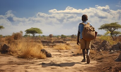 poor african school kid at arid land, ai generative - obrazy, fototapety, plakaty