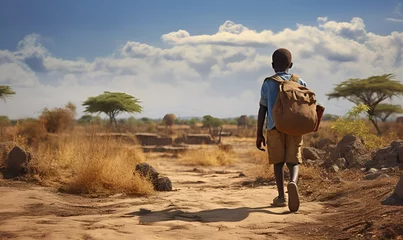 Tuinposter poor african school kid at arid land, ai generative © Miftah
