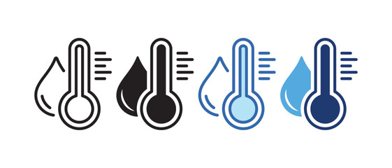 Water Temperature Indicator Silhouette and Line Icon Set. Mercury Thermometer and Water Drop Color Pictogram. Temperature and Humidity Level Sign Collection. Isolated Vector Illustration. - obrazy, fototapety, plakaty