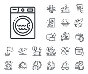 Washing machine sign. Plane jet, travel map and baggage claim outline icons. Laundry line icon. Hotel service symbol. Laundry line sign. Car rental, taxi transport icon. Place location. Vector