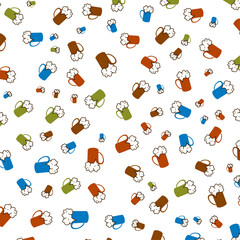 Patterning of draft colorful beer mugs with foam on white background. oktoberfest seamless pattern. Pattern for web page, textile,  wallpaper,banner,poster.