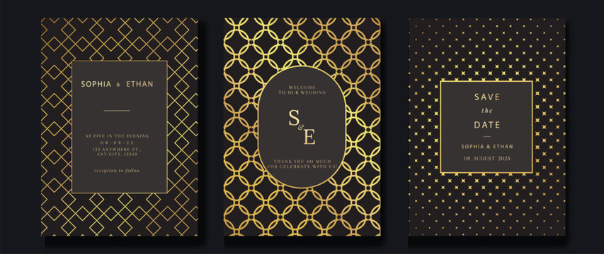Luxury invitation card background vector. Golden elegant geometric shape, gold lines gradient on brown background. Premium design illustration for gala card, grand opening, party invitation, wedding.